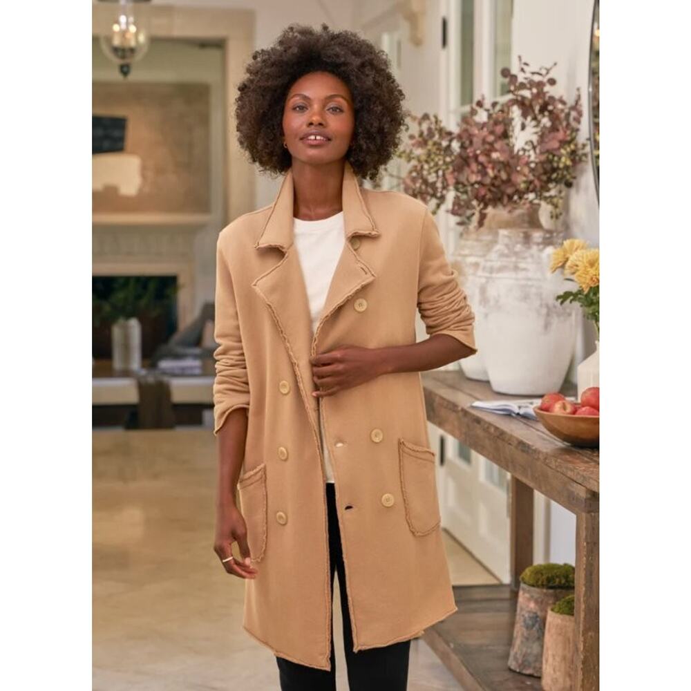 FRANK & EILEEN Sz L Large Camel Tan Tipperary Belfast Long Trench Coat Jacket